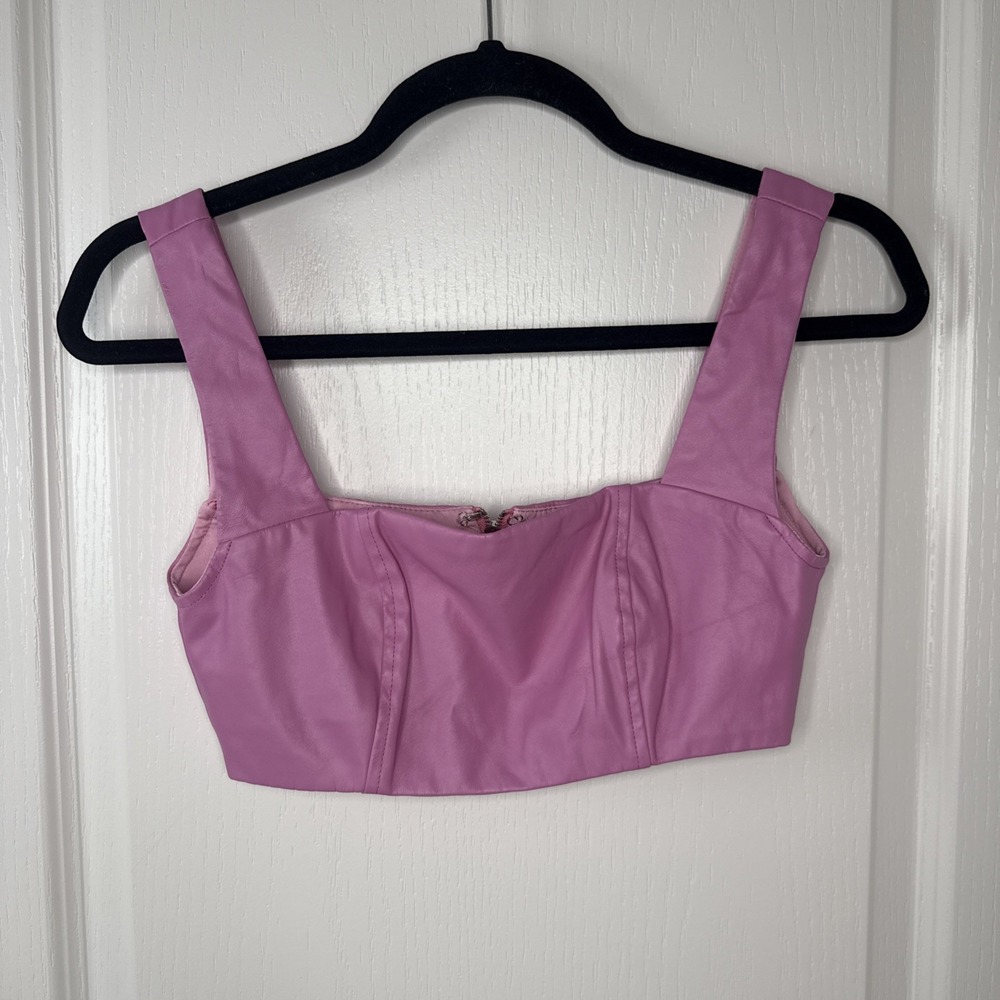 Edikted Midnight Faux Leather Crop Top Womens Small Pink Square Neck Zip Back